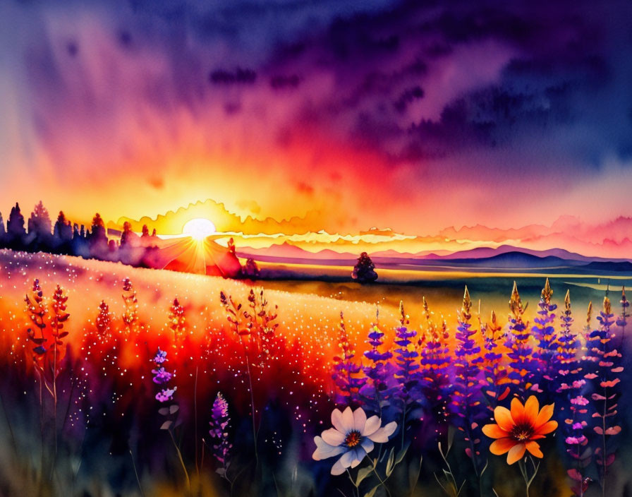 Colorful Watercolor Painting of Sunrise, Sky, Mountains & Wildflowers