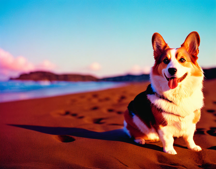 Smiling corgi dog on sandy beach at sunset