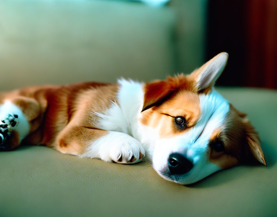 Tricolor Corgi puppy lounging on a couch with one ear down