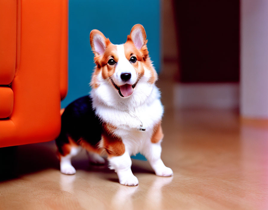 Smiling Pembroke Welsh Corgi Indoors Next to Orange Couch