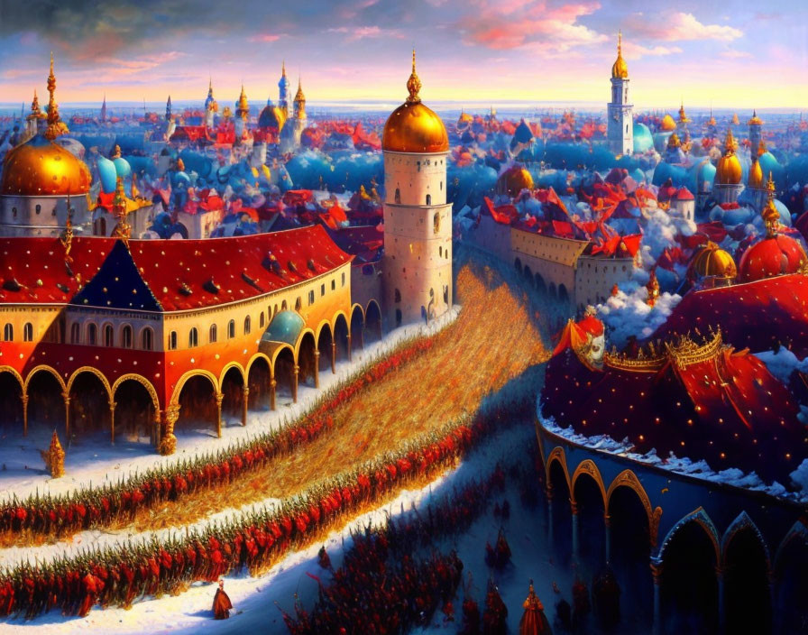 Vibrant fantastical cityscape at dusk with ornate buildings and red-robed figures