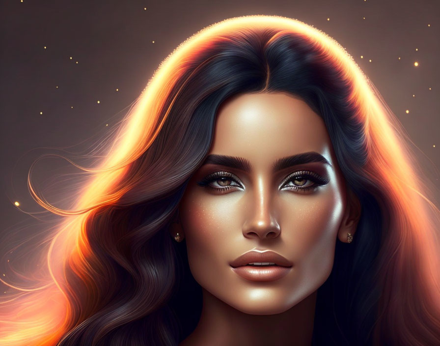 Luminous woman with flowing hair in starry digital art