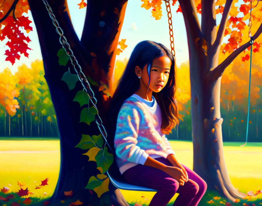 Young girl sitting on swing under autumn tree in warm light