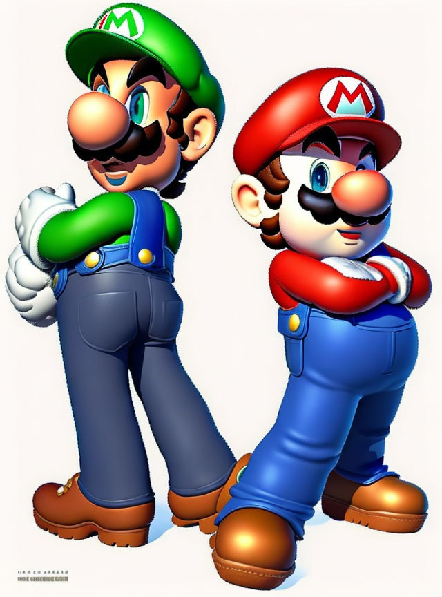 Two animated characters in green and red overalls with crossed arms and caps with initials.