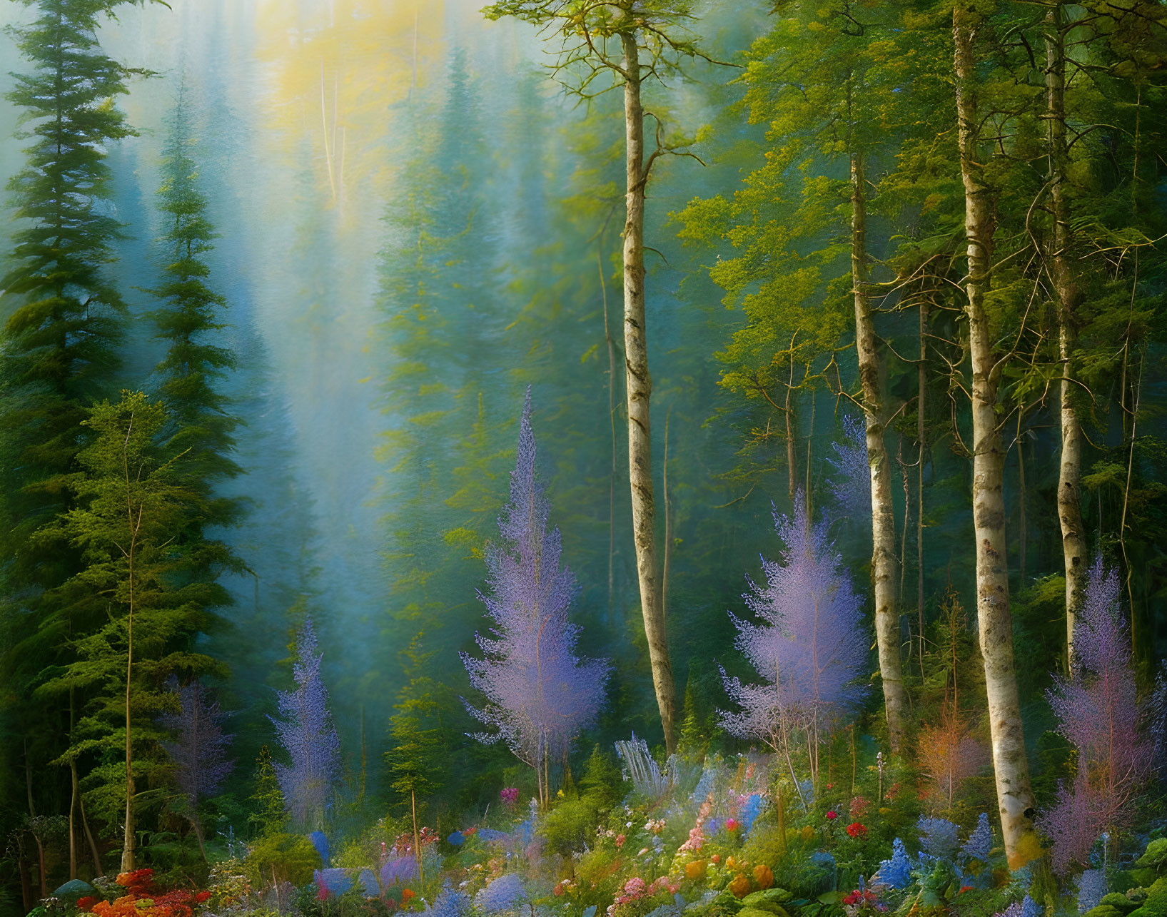 Foggy sunrise forest scene with wildflowers and tall trees