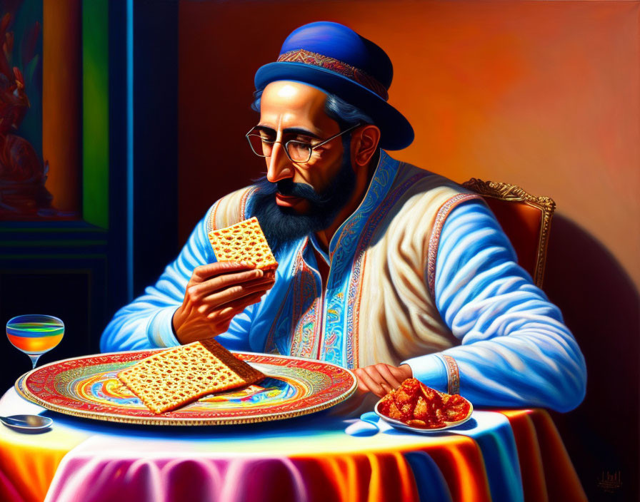 Bearded man in traditional attire at vibrant Passover Seder table