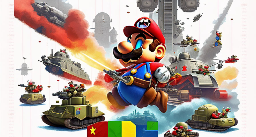 Colorful artwork: Mario-like character in military scene with tanks & explosions