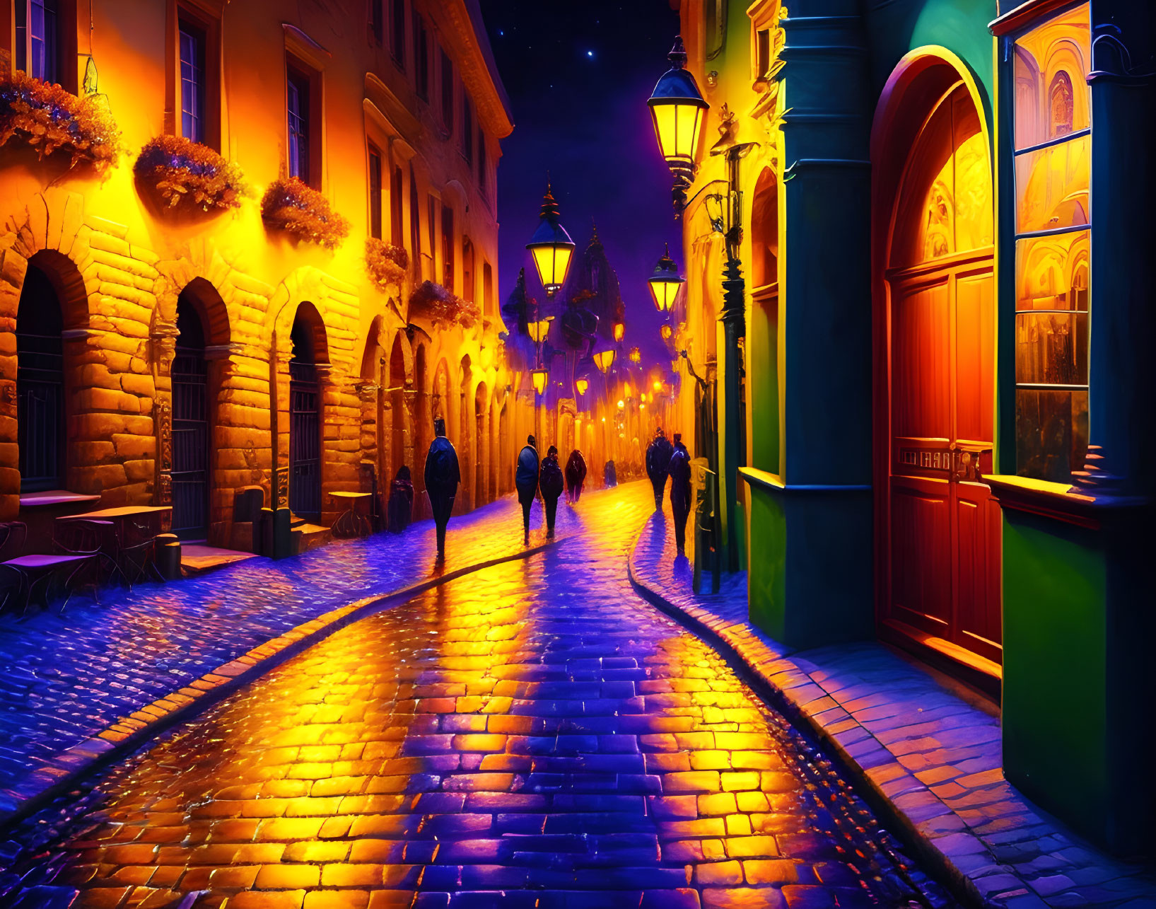 Nighttime city street with illuminated cobblestones and people walking.