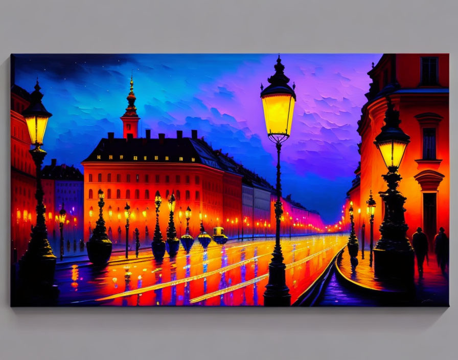 Cityscape painting: Glowing sunset sky over wet street and historic buildings