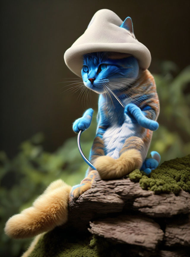 Anthropomorphic blue cat with human-like eyes, beige hat, holding stick on tree branch