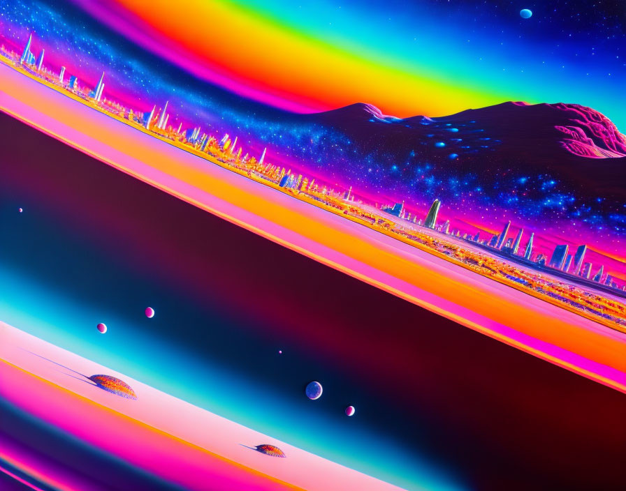 Futuristic digital art: vibrant neon colors, reflective surfaces, celestial bodies, surreal horizon