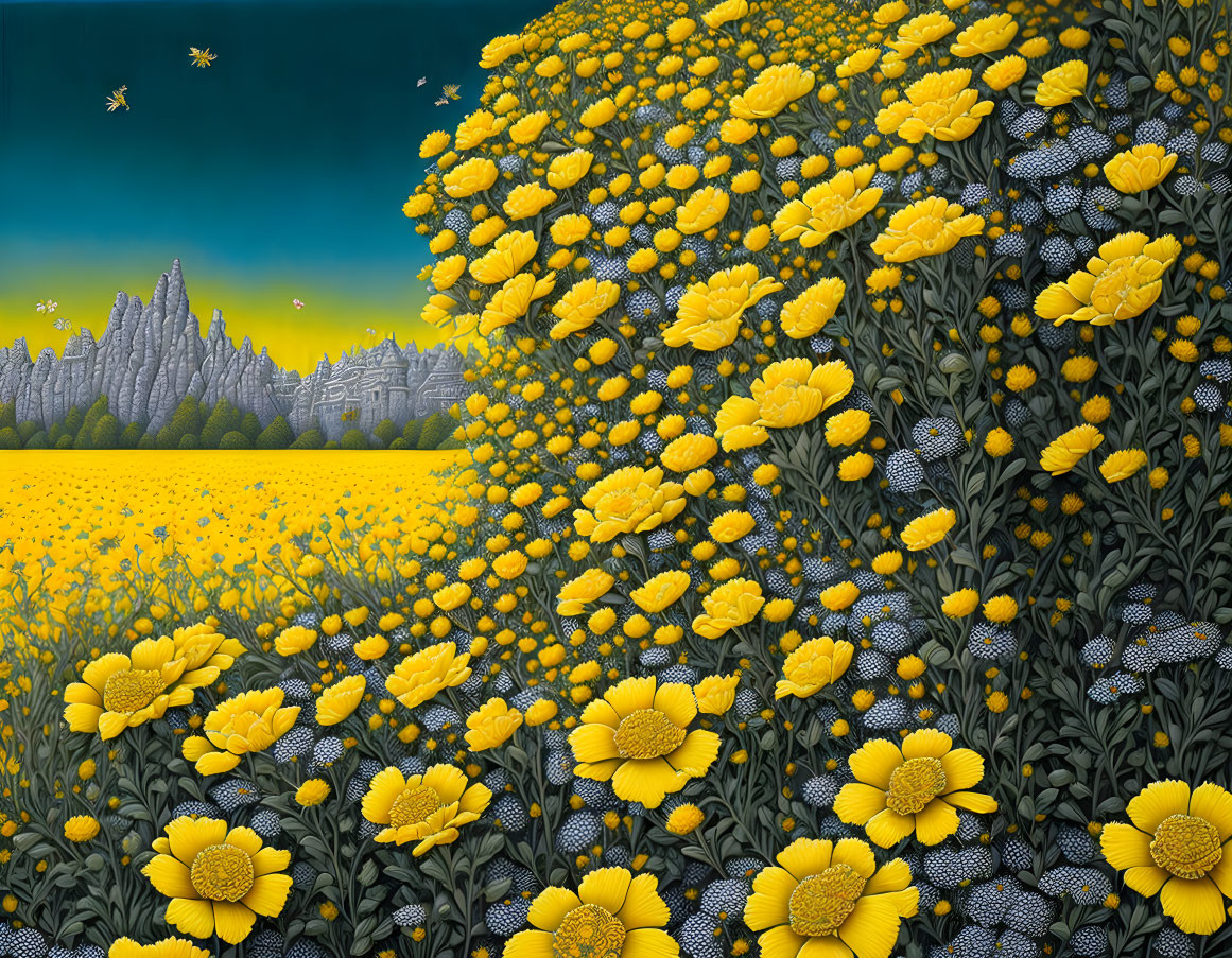 Yellow Flowers Field with Bees and Mountains View