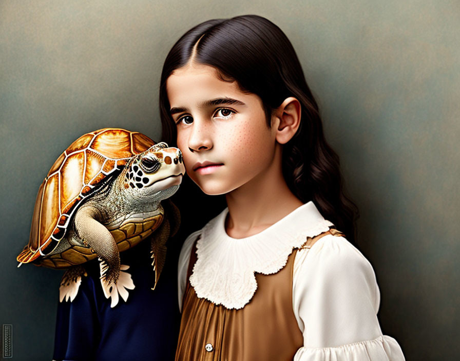 Young girl in period dress with large turtle on shoulder against classic portrait backdrop