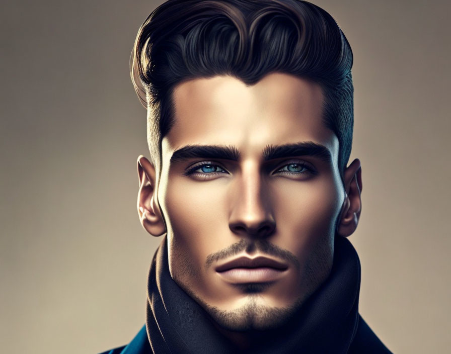 Man with slicked-back hair and blue eyes in turtleneck portrait.