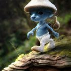 Anthropomorphic blue cat with human-like eyes, beige hat, holding stick on tree branch