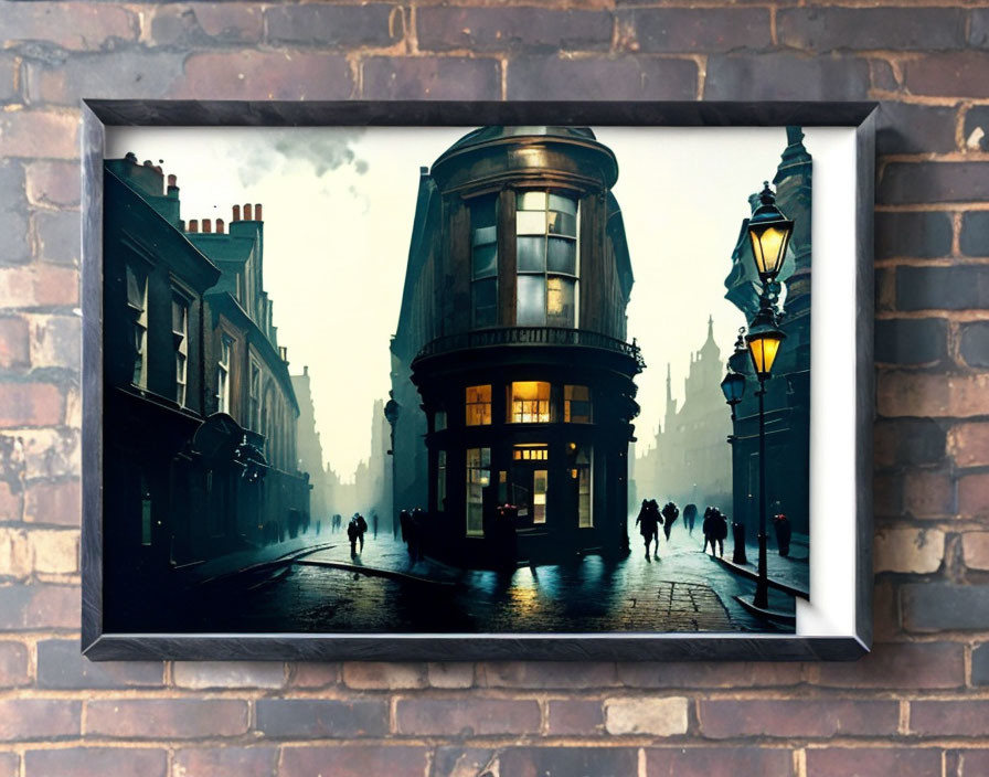 Vintage street scene with misty evening ambiance and silhouettes of people walking