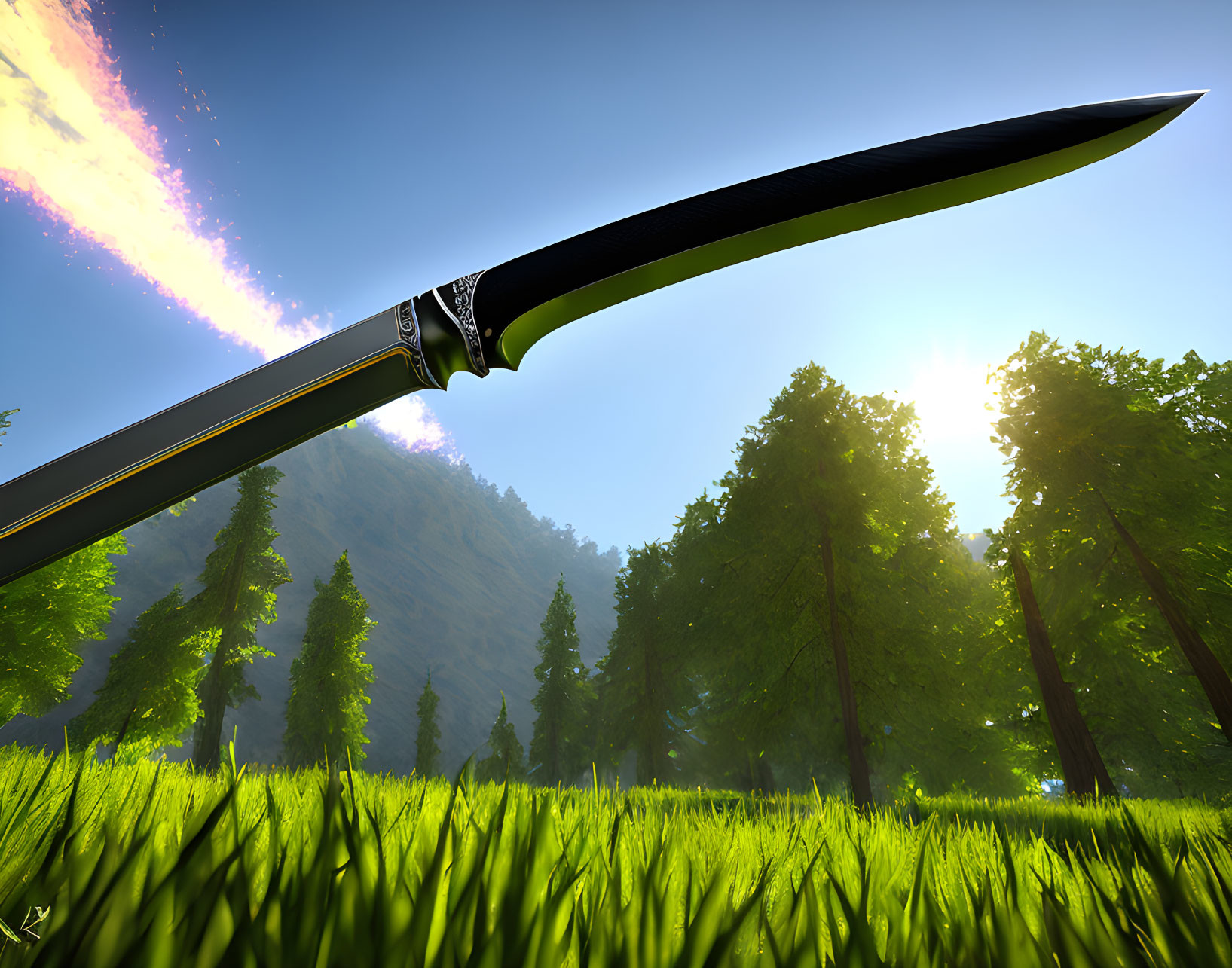 Giant knife blade over forest with sunlight and streak of light