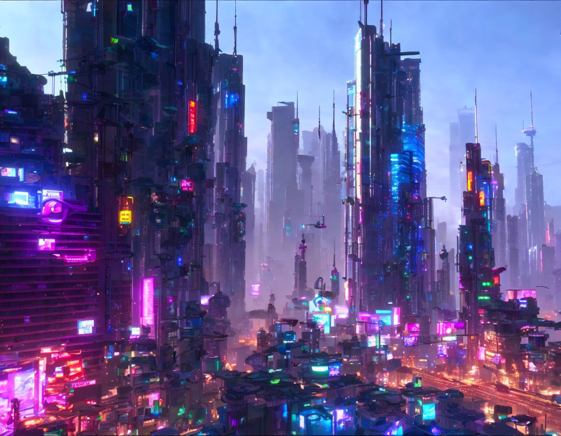 Futuristic neon-lit cityscape with skyscrapers and flying vehicles