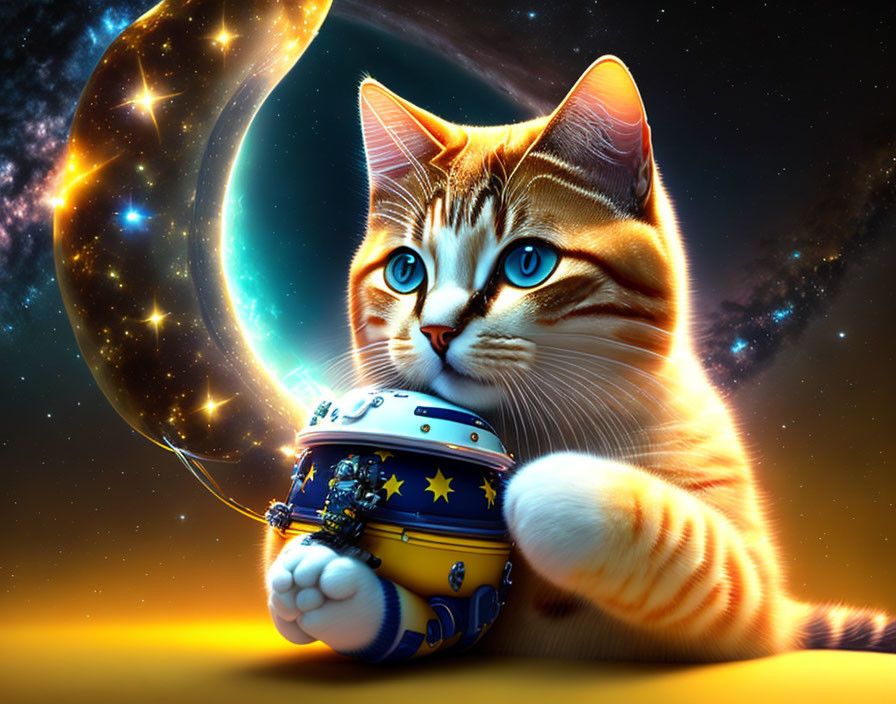 Illustration of orange tabby cat with astronaut helmet in space