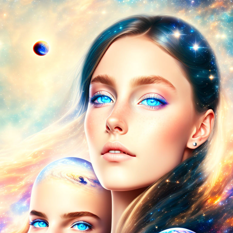 Woman's Illustration with Cosmic Features: Starry Eyes & Nebula Hair