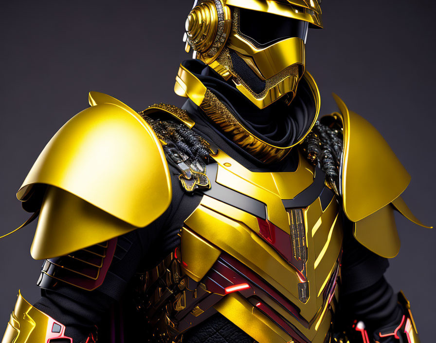 Detailed Close-Up of Person in Elaborate Golden Armor with Black and Red Accents