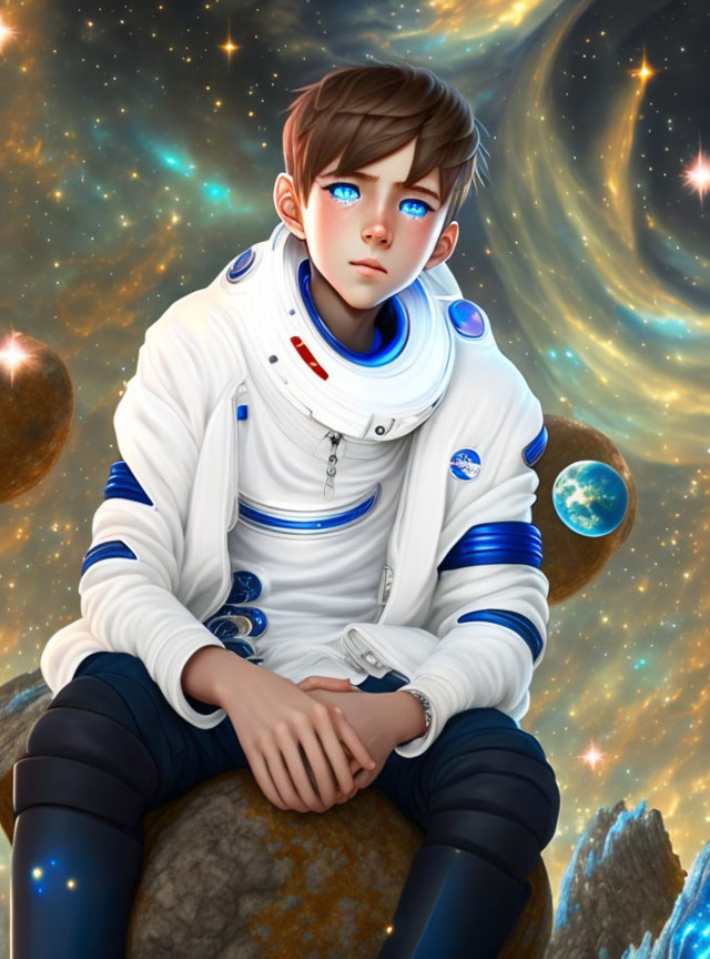 Digital illustration: Young boy in astronaut suit on rocky surface with celestial backdrop