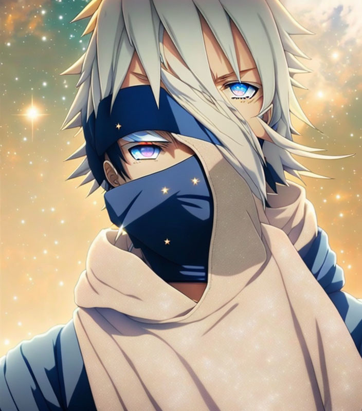 Anime characters with bright blue eyes in mask and headband, one with messy white hair, under star