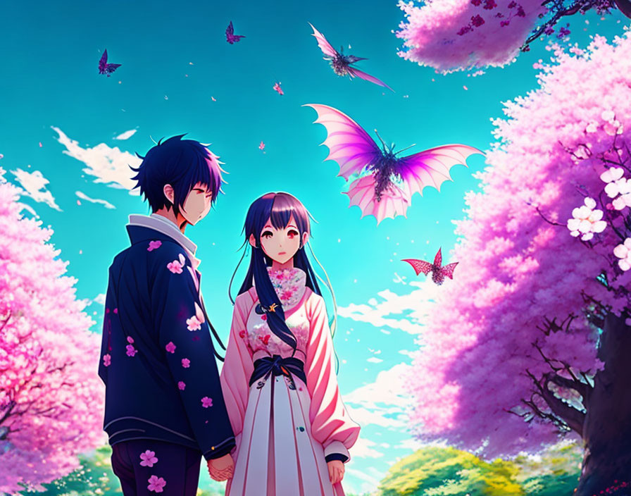 Anime characters under cherry blossoms with vibrant butterflies in colorful setting