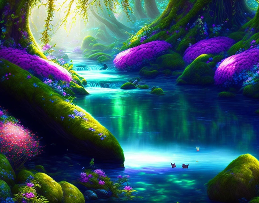 Luminous flora and tranquil stream in vibrant fantasy forest