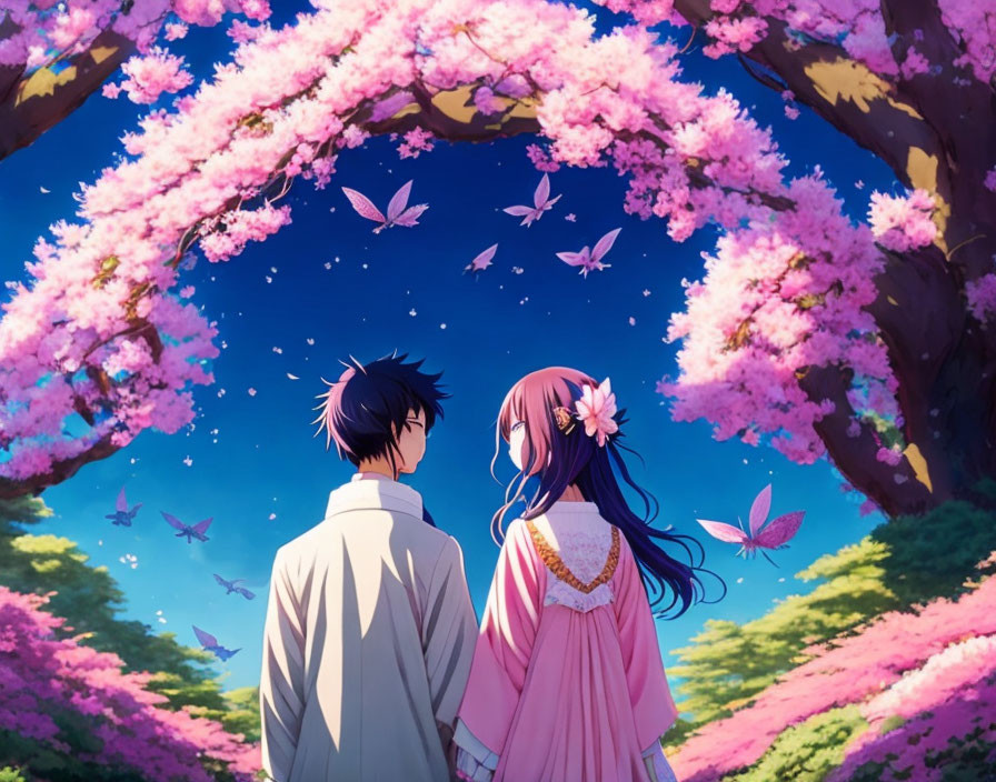 Animated characters under blooming cherry blossom arch in colorful, romantic scene