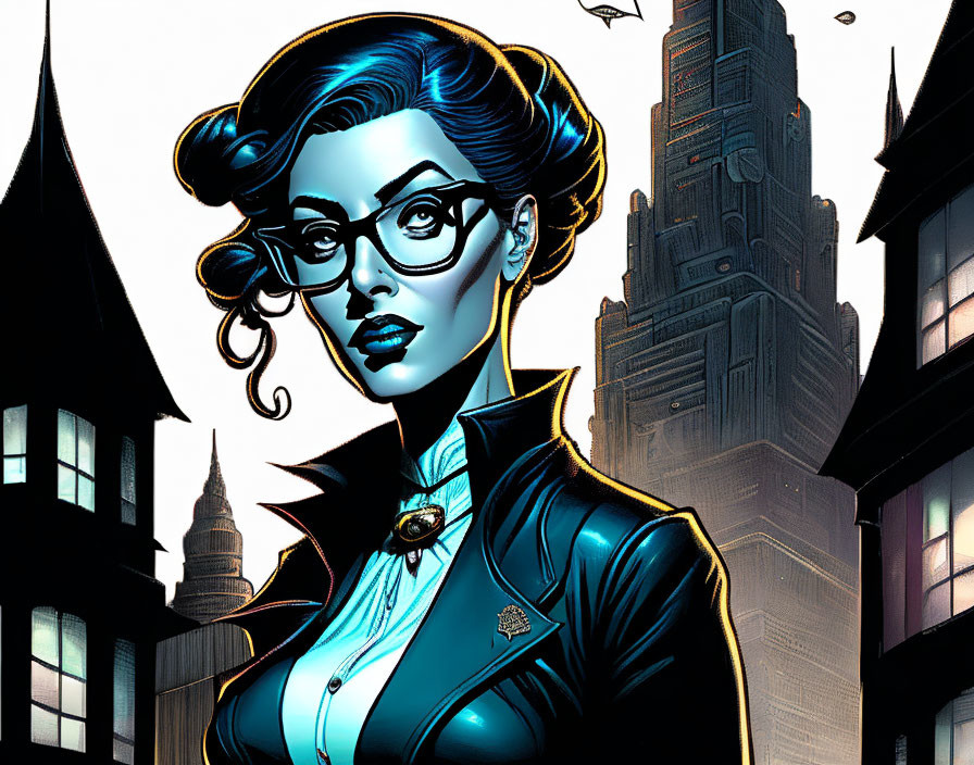 Stylized woman with glasses in blue attire against shadowy cityscape