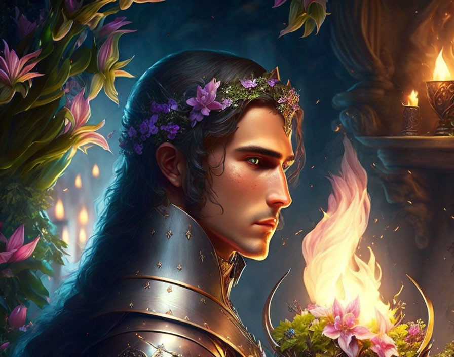 Man with Flower Crown in Mystical Candle-lit Setting