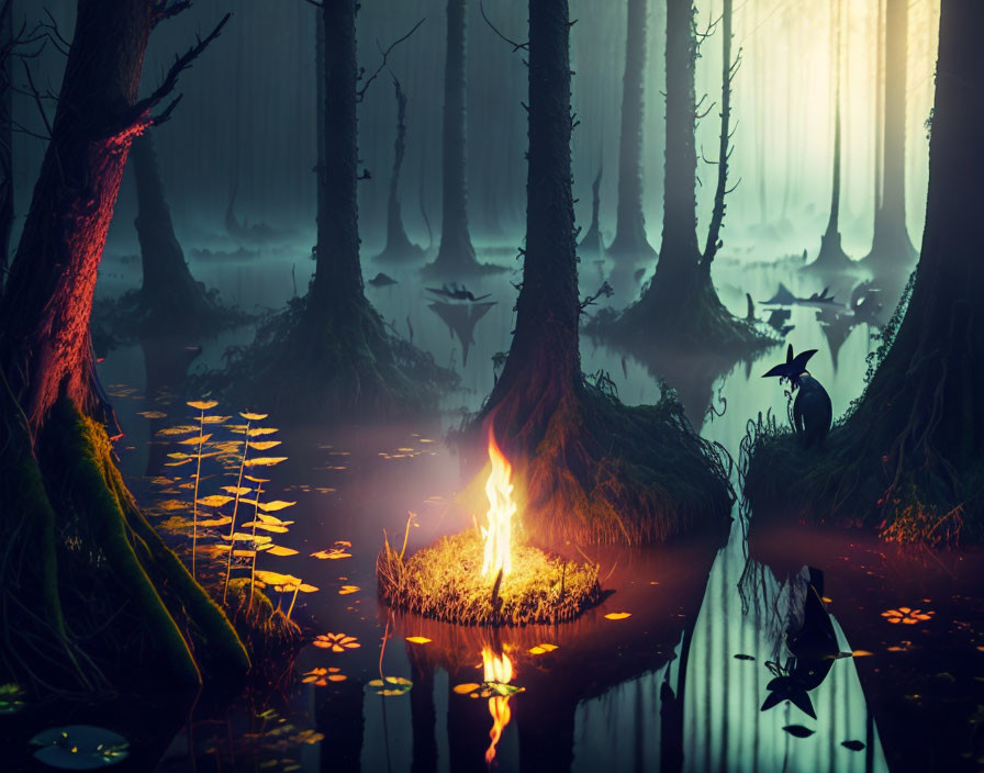 Mystical swamp with silhouetted trees, fire on islet, and hazy light