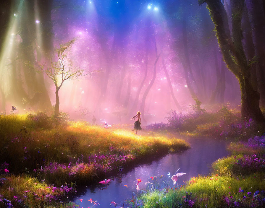 Enchanting forest scene with purple hues, light beams, person, birds, flowers, and trees