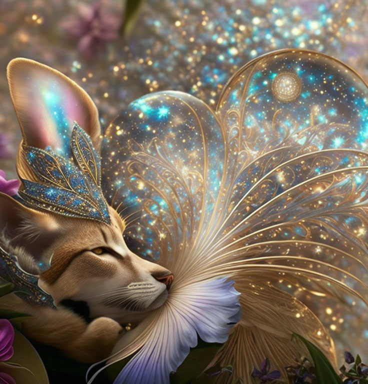 Mystical creature with feline face and butterfly wings among flowers