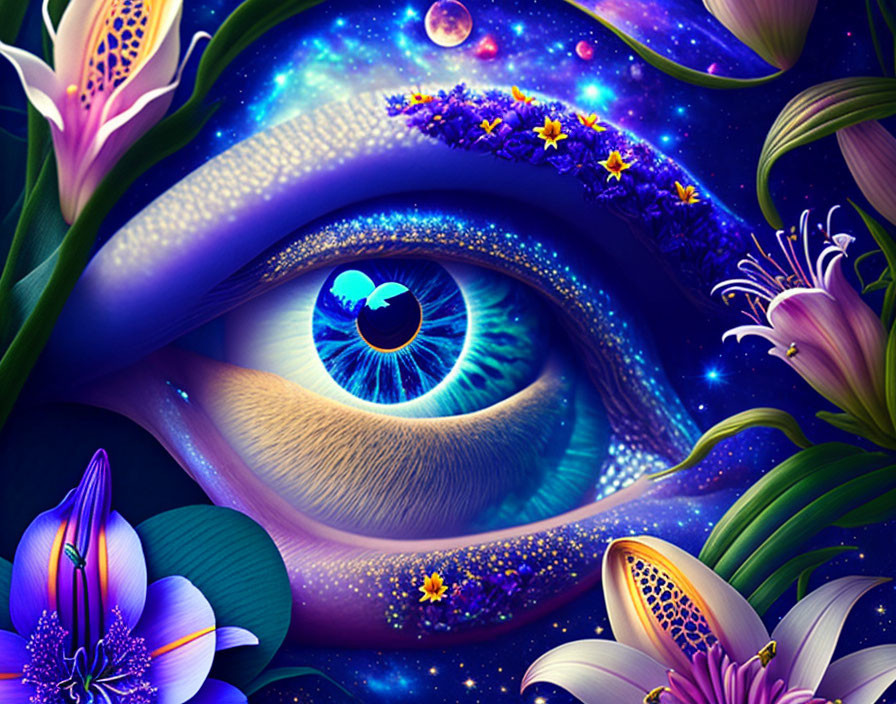 Detailed artwork: Human eye with lilies and cosmic elements