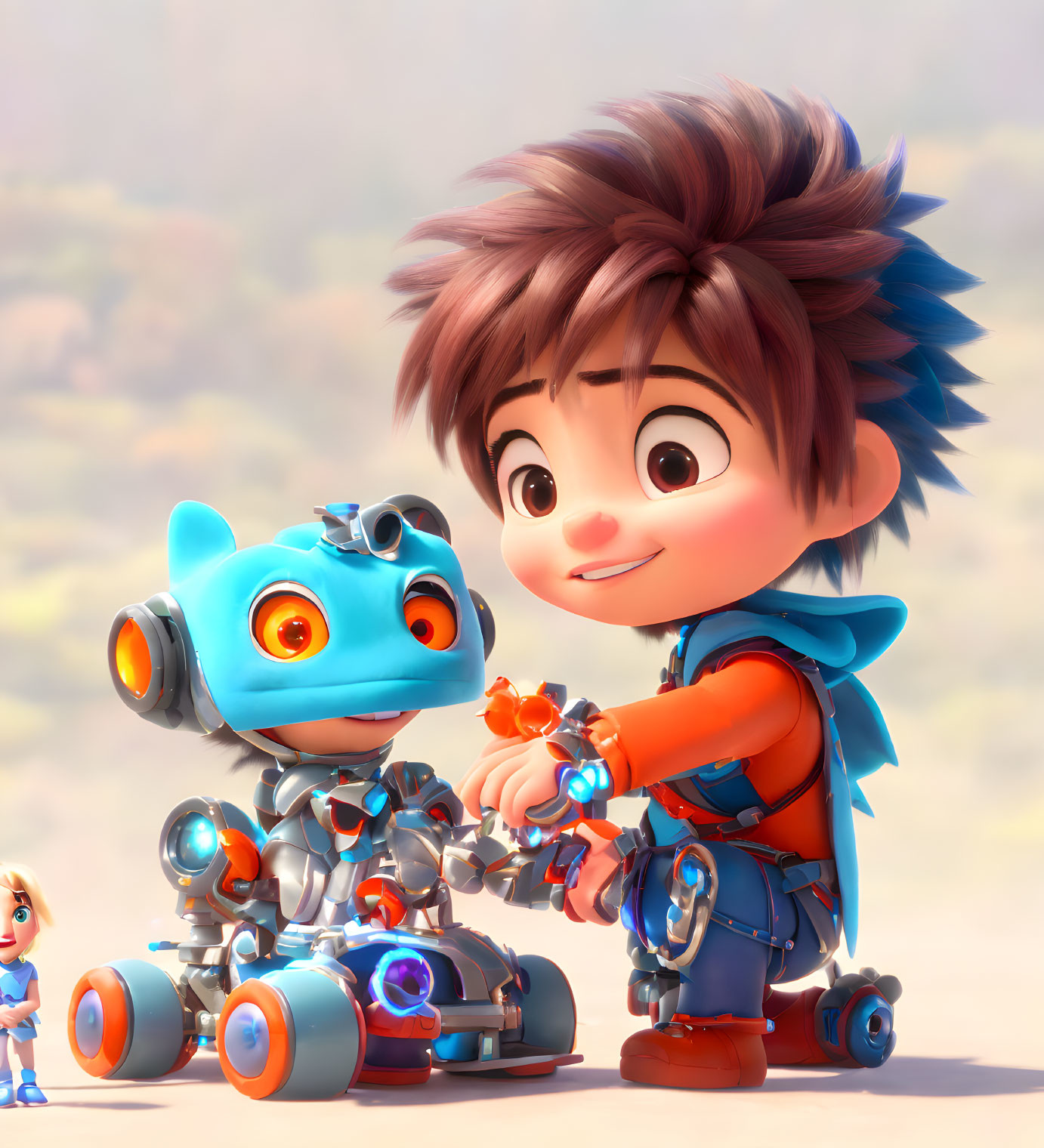 Futuristic animated boy with blue robot and blurred background