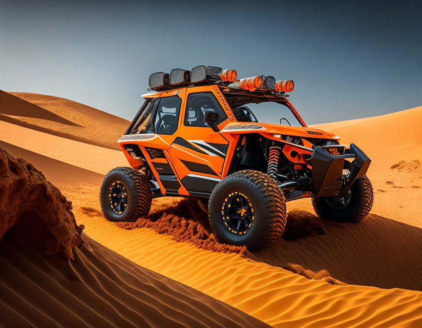 Orange and Black All-Terrain Vehicle on Sand Dune under Blue Sky