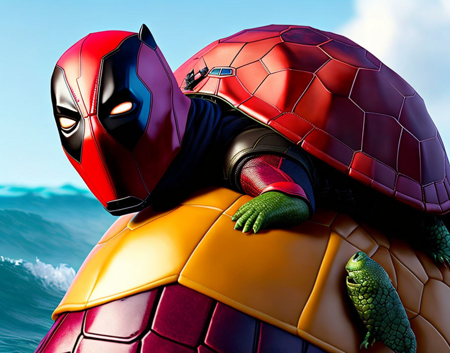 Person in Deadpool costume rides sea turtle over ocean