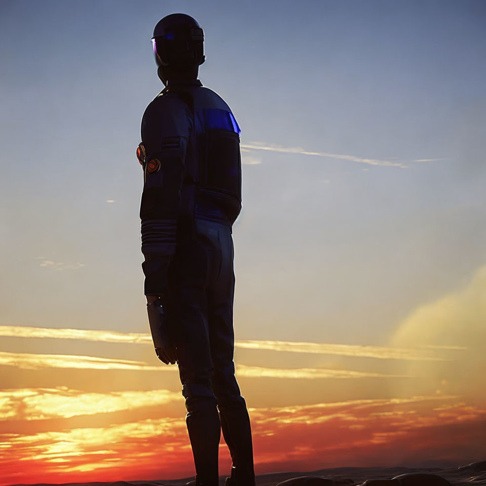 Astronaut in spacesuit against vivid sunset sky