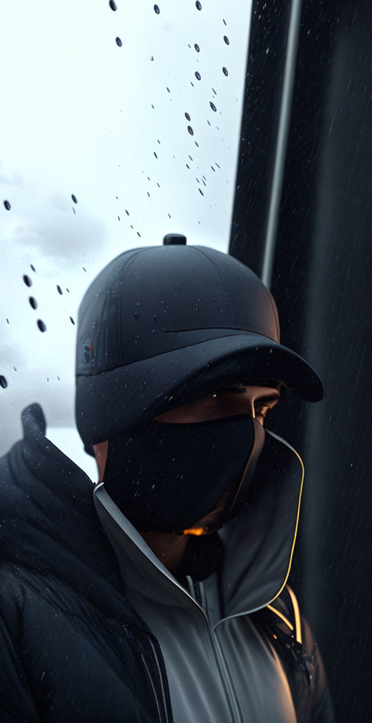 Person in Black Baseball Cap and Face Mask by Raindrop Window