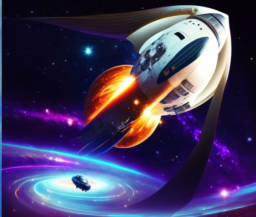 Futuristic spaceship with ring structure in space with orange and purple nebulas.