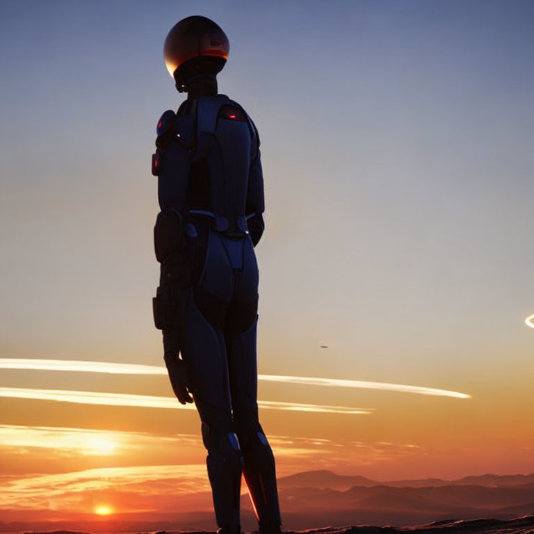 Futuristic spacesuit-wearing figure gazes at dramatic sunset horizon