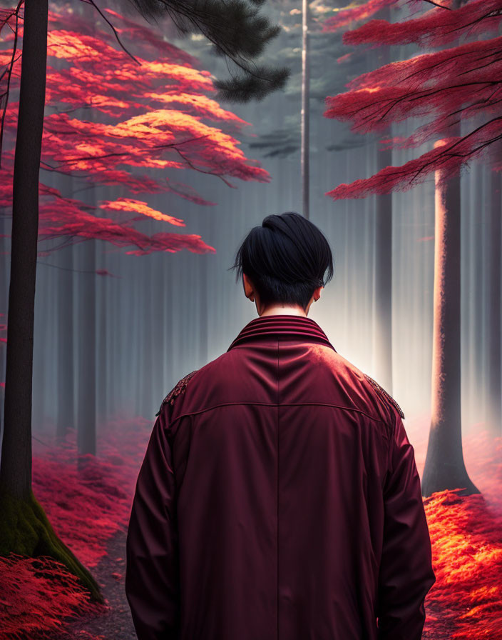 Dark-haired person in mystical forest with red foliage and foggy background