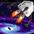 Futuristic spaceship with ring structure in space with orange and purple nebulas.