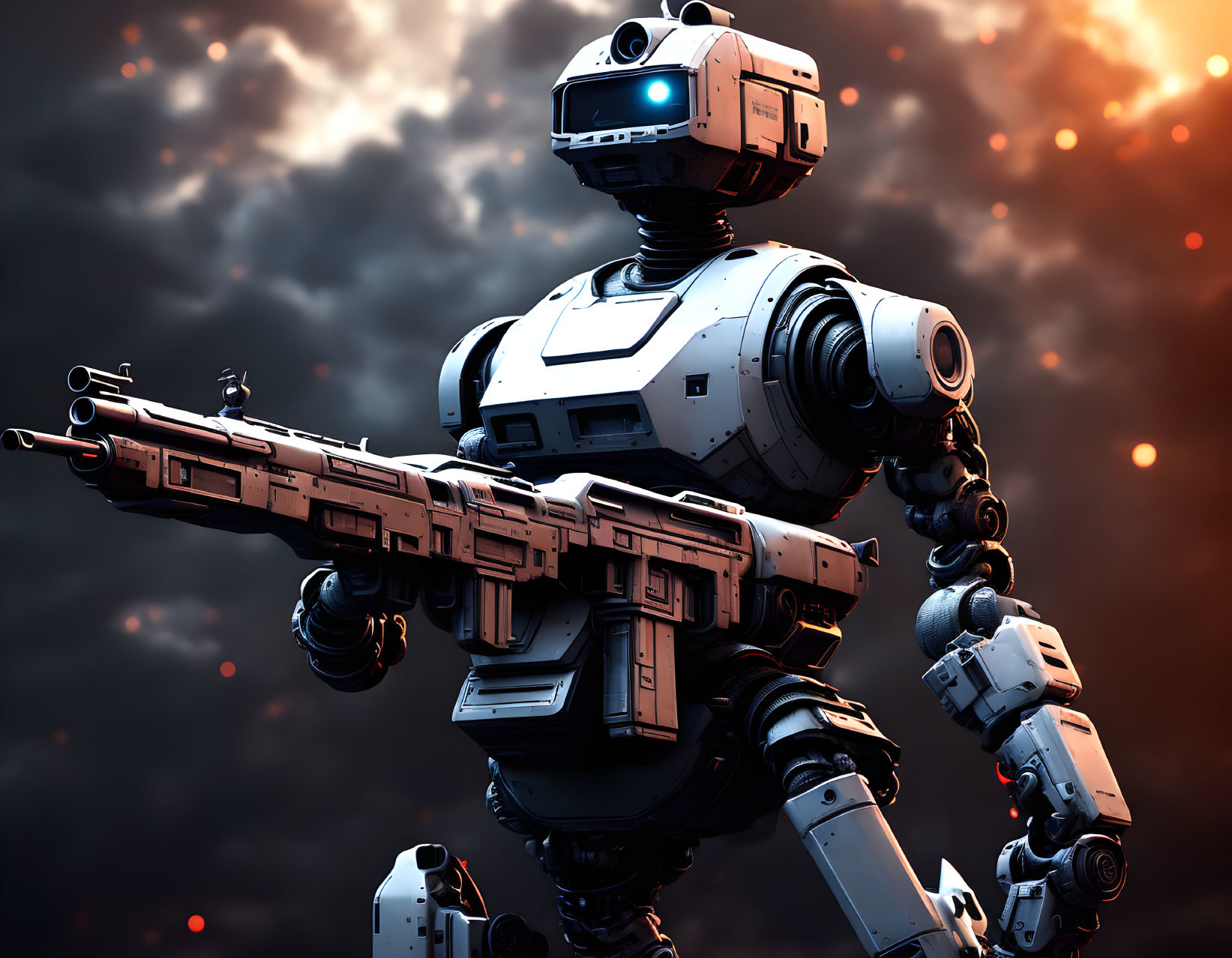 Detailed 3D humanoid robot with gun in dramatic sky scene