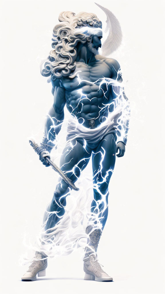 Muscular ethereal figure with horn and sword surrounded by lightning on white background