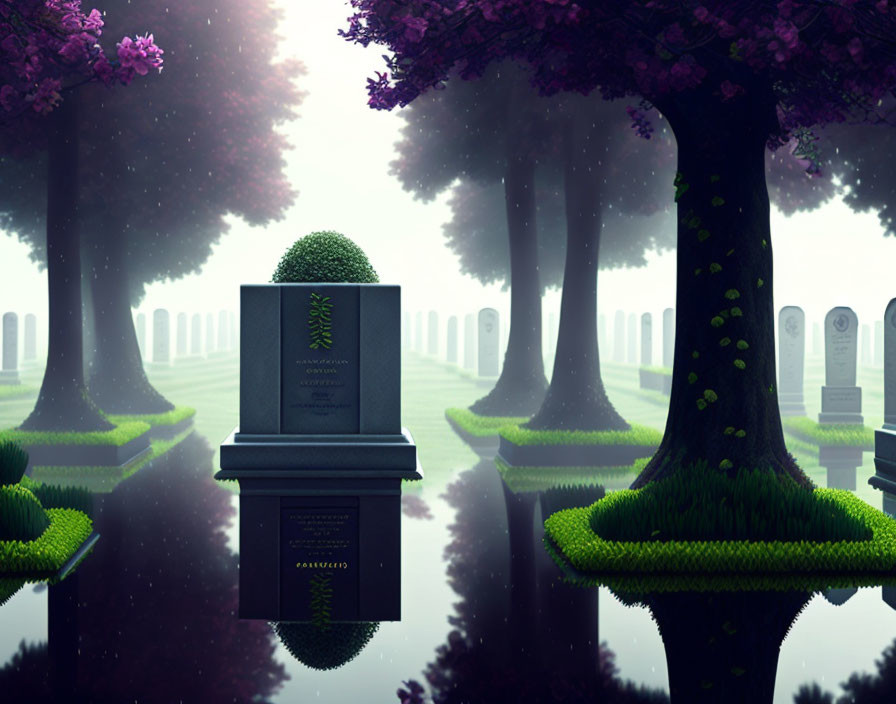 Stylized cemetery illustration with cherry trees and reflective water