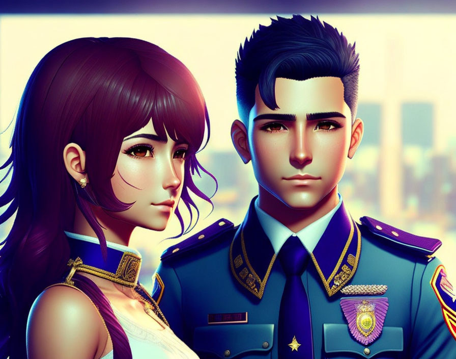 Brown-haired female and male in blue police uniform against cityscape backdrop.