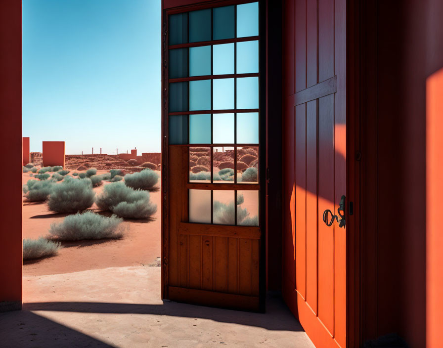 Vivid red door against desert landscape with blue sky